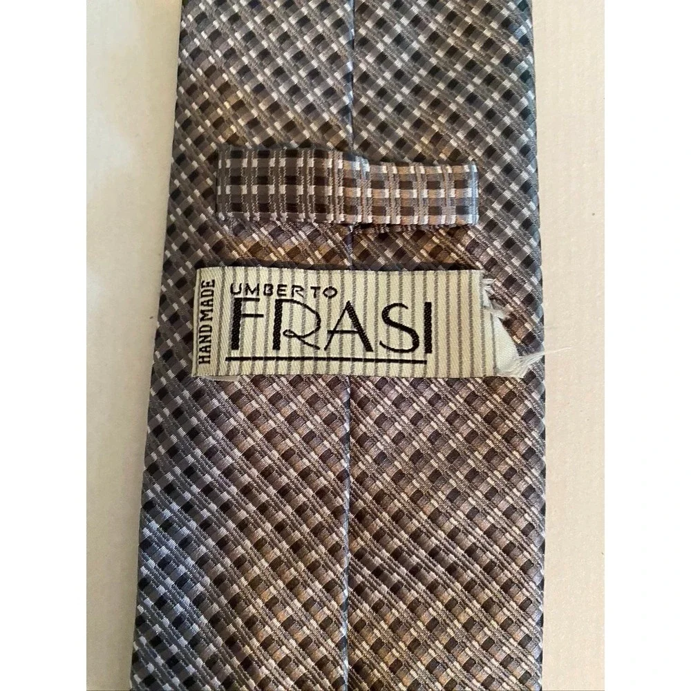 Umberto Frasi‎ Mens Tie Grey Brown Black Micro Check Handmade Polyester Necktie